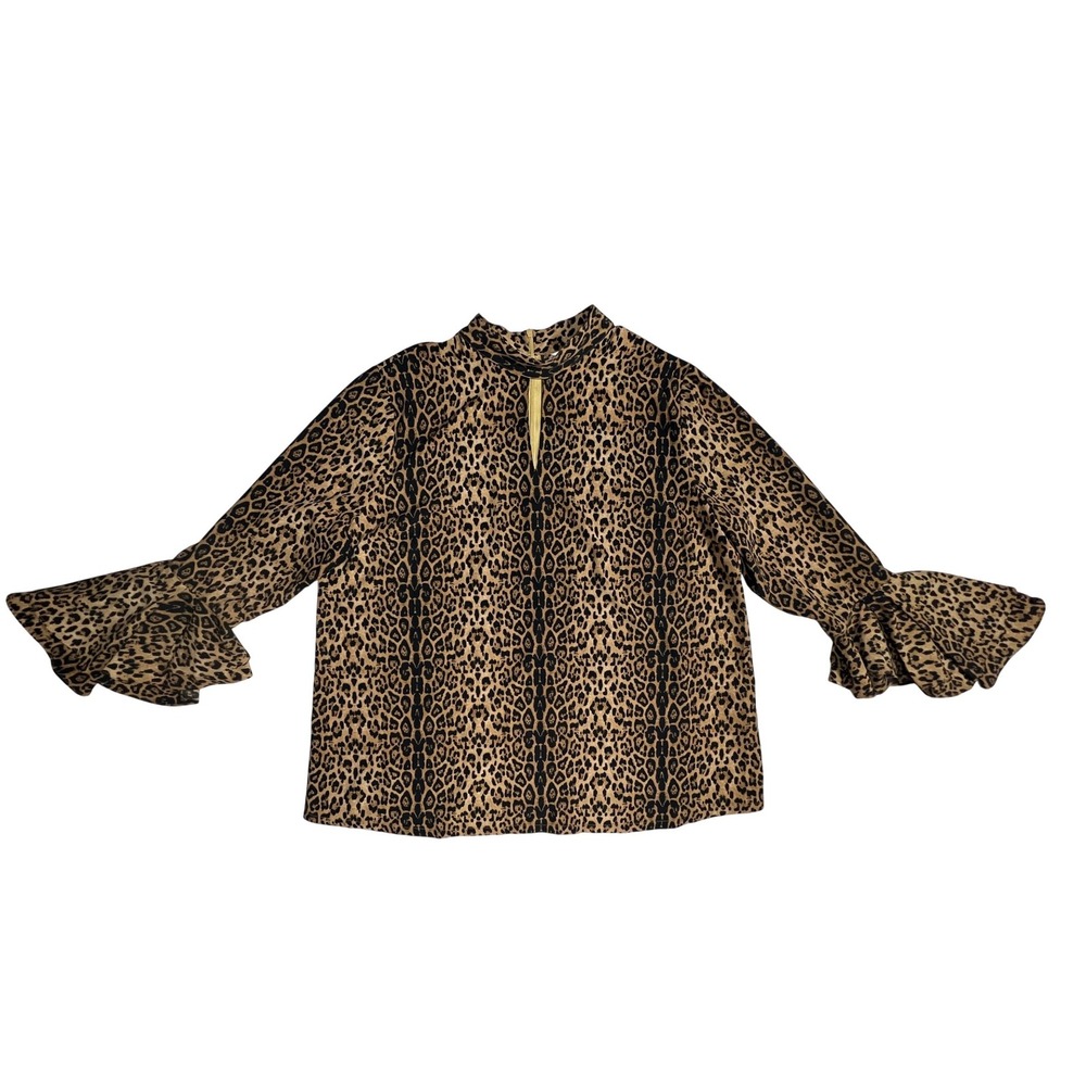 Peter Nygard Leopard Print Ruffle Sleeve Mock Neck Blouse Top Women XL